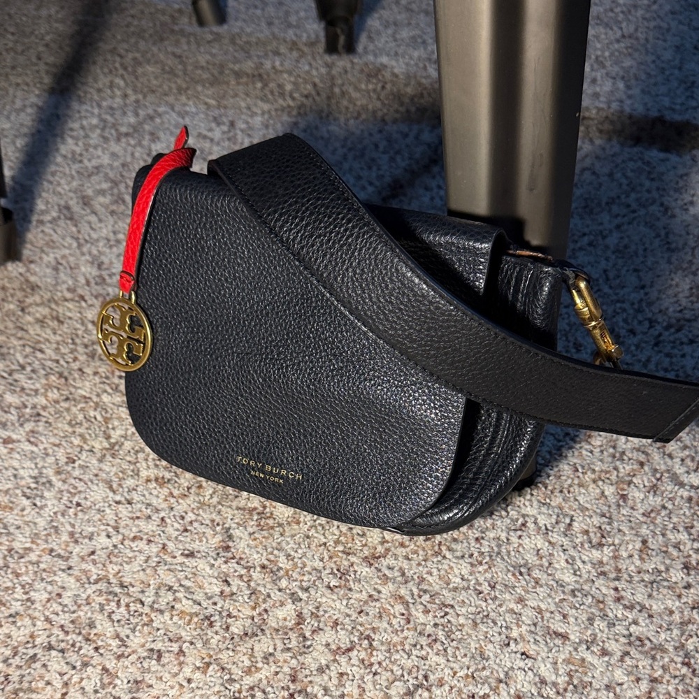 Tory Burch Perry Black Calfskin Leather Shoulder Bag with Gold and Red Accents
